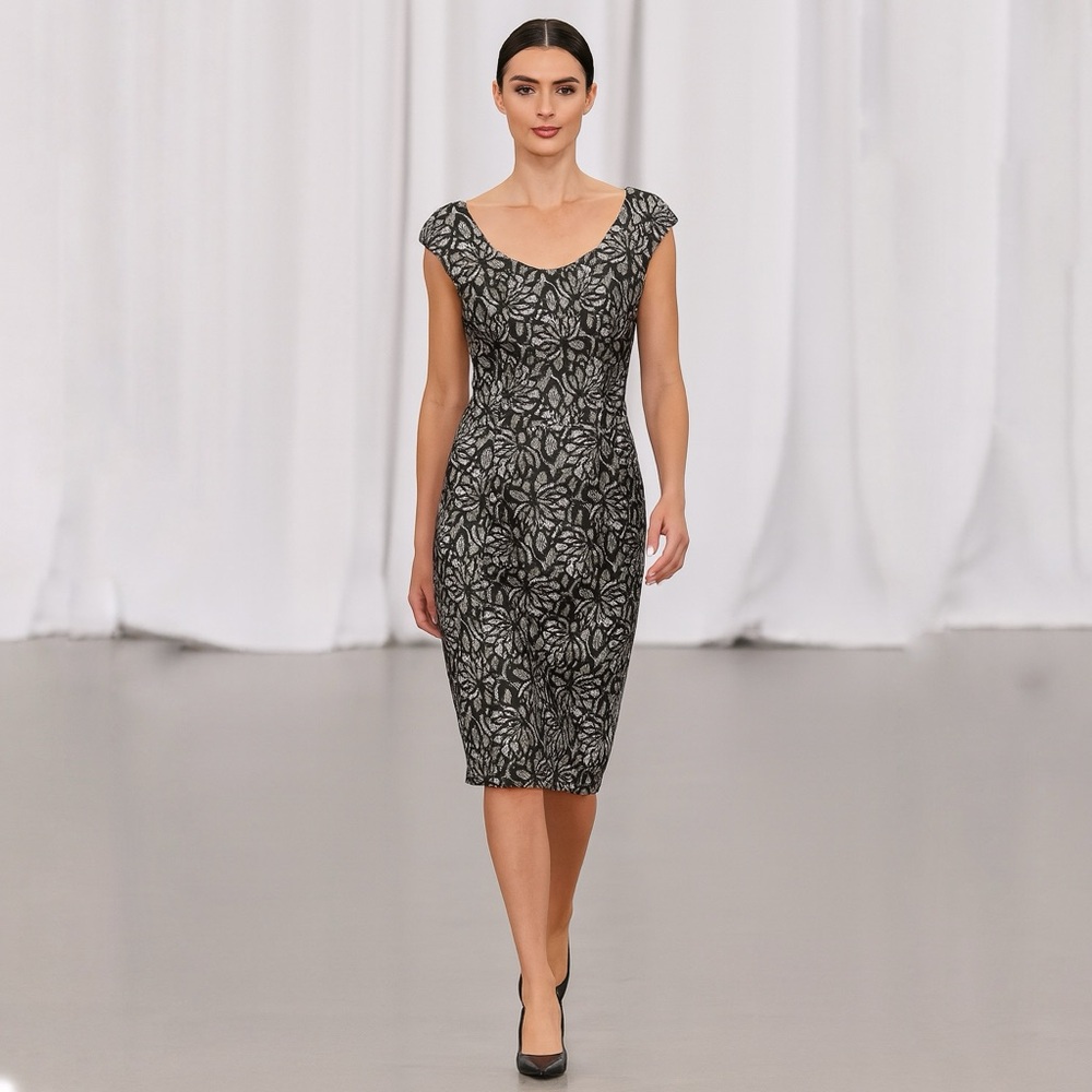 Joseph Ribkoff Black and White Satin Floral Dress Size 6